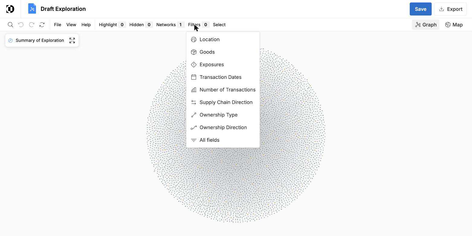 The exploration Filters menu showing dimensions including Location, Goods, Exposures, Transaction Dates, Number of Transactions, Supply Chain Direction, Ownership Type, and Ownership Direction