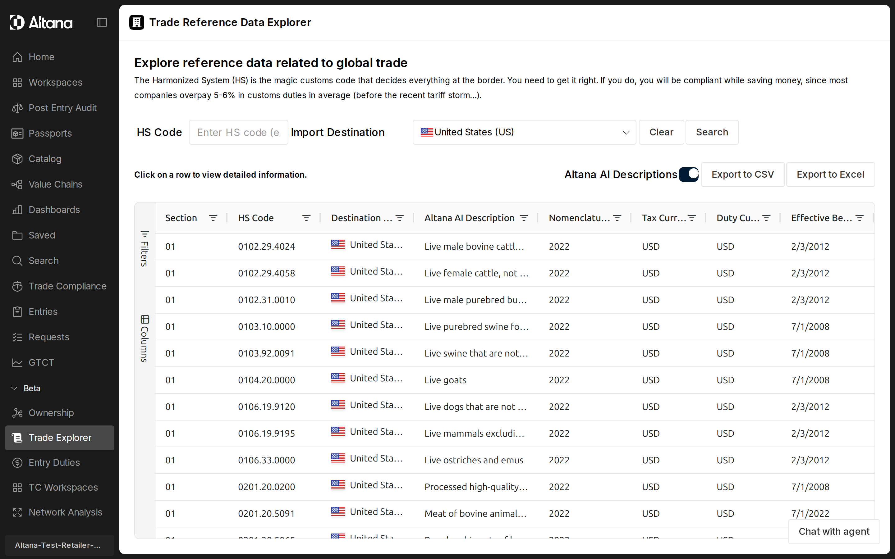 The Trade Reference Data Explorer: an HS Code search and Import Destination selector above a data grid of HS codes with Altana AI descriptions, nomenclature year, duty and tax currency, and effective dates, with Filters and Columns controls and CSV/Excel export